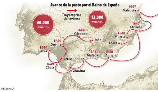 Mapa que indica cómo avanzó la peste en 1649 en España y dentro de Sevilla