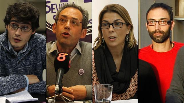 De izquierda a derecha, el secretario de Política de Podemos Sevilla, Jesús Jurado; el jurista Joaquín Urías, la secretaria general de Podemos Sevilla, Begoña Gutiérrez y el secretario de Estrategia y Discurso de Podemos Sevilla. José Candón