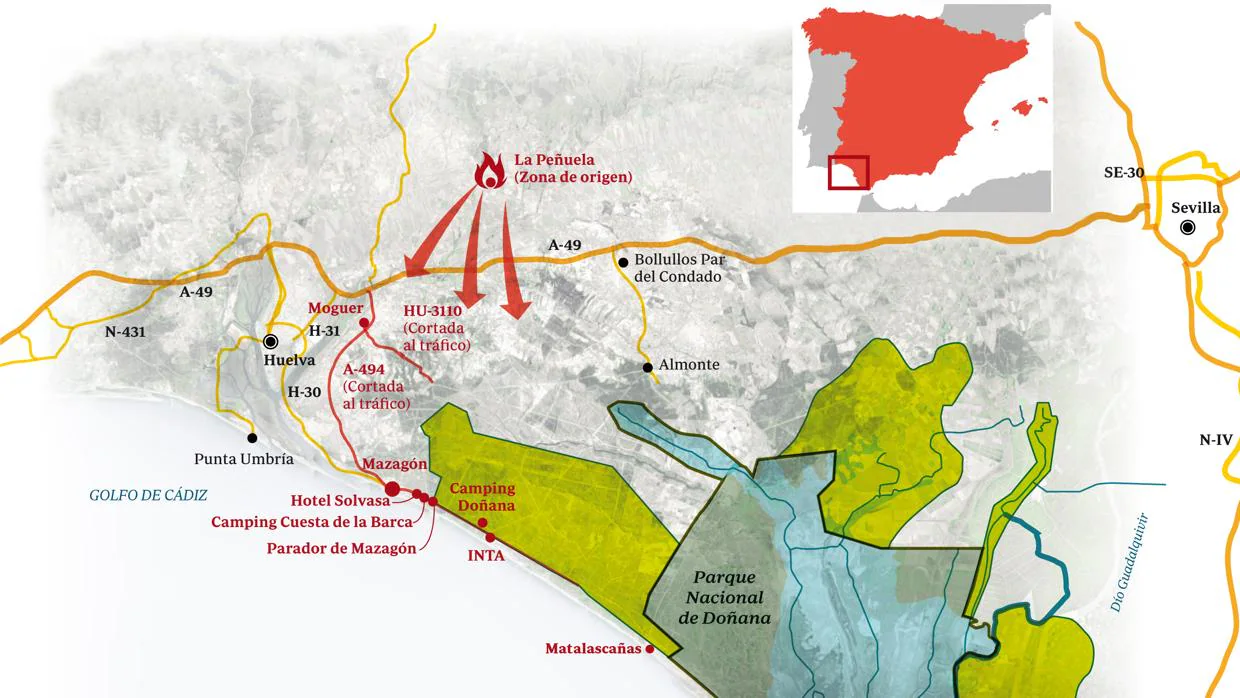 Mapa del incendio en Moguer, en el entorno del Parque ...