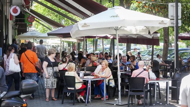 Bares protegidos por toldos y sombrillas en la avenida de Barcelona en Córdoba