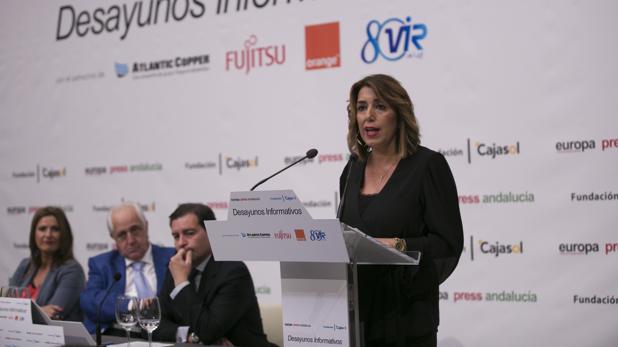 La secretaria general del PSOE andaluz, este lunes en un desayuno informativo