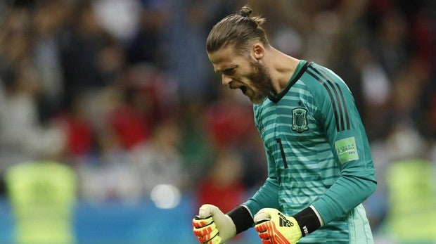 De Gea celebra el gol de su equipo ante Irán