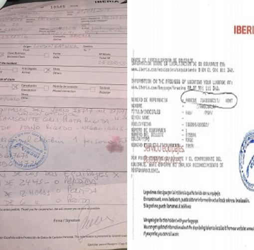 El papel que entregó Iberia a los pasajeros (izqda.) y un ejemplo del documento con el PIR