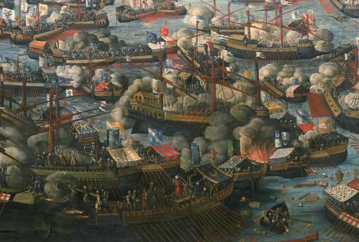 Representación de la batalla de Lepanto con los galeones en combate