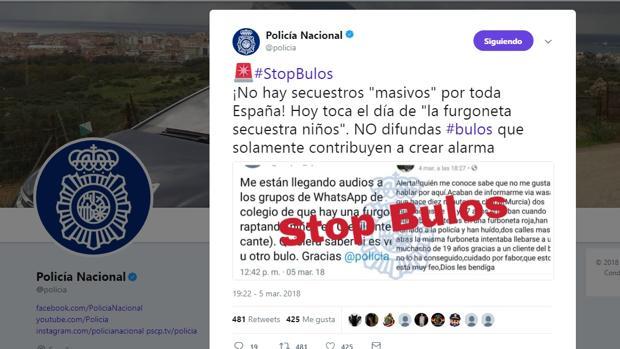 Mensaje de la Policía Nacional alertando sobre bulos