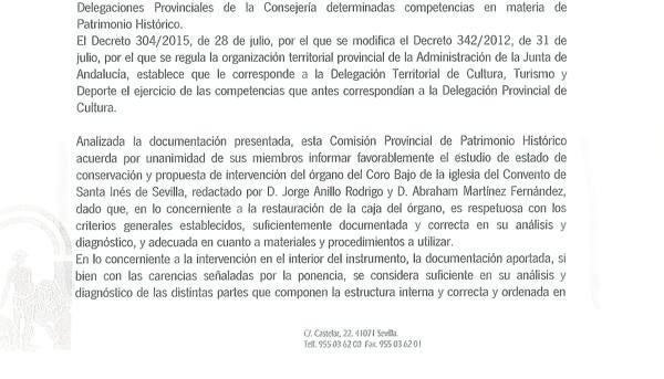 Dictamen de la Comisión de Patrimonio que da el visto bueno a la reparación del órgano