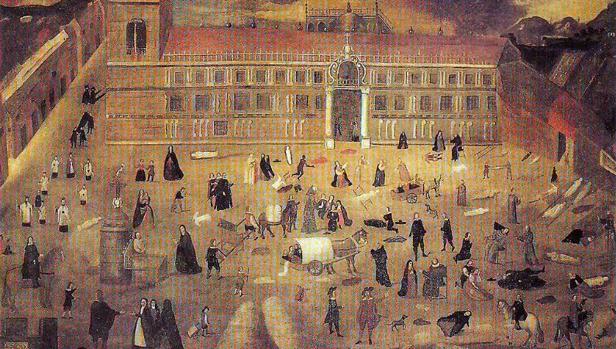 «La peste de 1649», obra anónima, en la que puede verse el Hospital de la Sangre, más tarde de las Cinco Llagas, donde se instaló un lazareto exterior para atender a los apestados