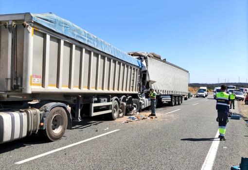 Conmoción por la dramática muerte de un camionero atrapado en la cabina, en una colisión de 2 camiones en la A-66 Guillena 2 Lugar del accidente